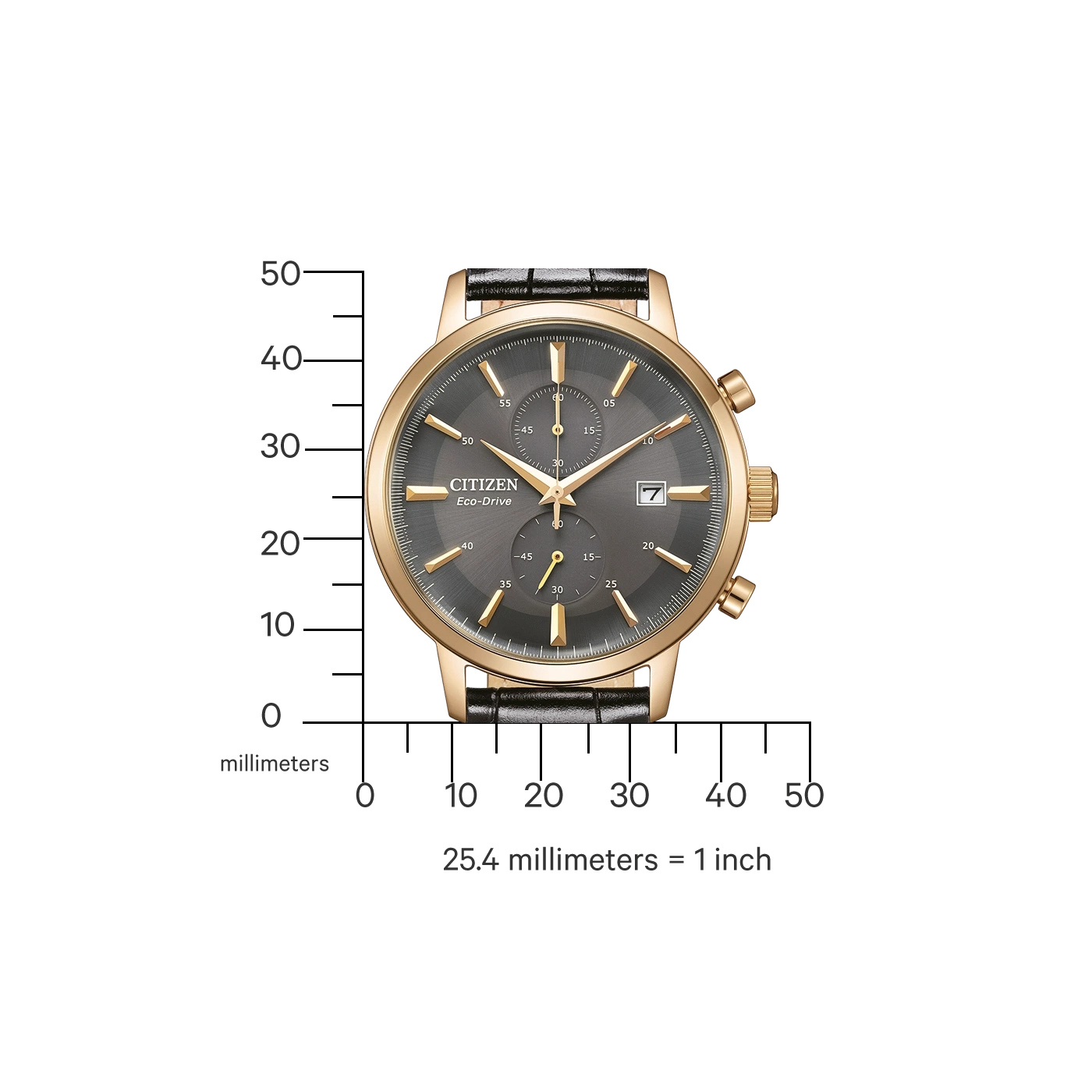 Citizen Eco-Drive -kello, jossa kultainen kotelo ja musta nahkaranneke, harmaa kellotaulu.