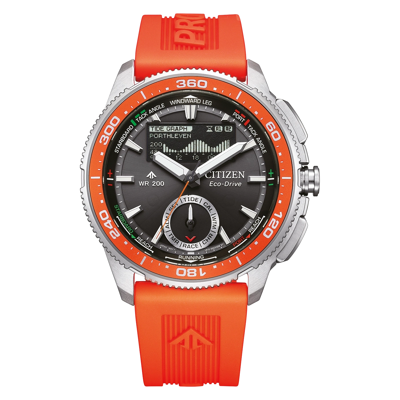 Citizen Eco-Drive-kello, jossa oranssi ranneke ja kehys.