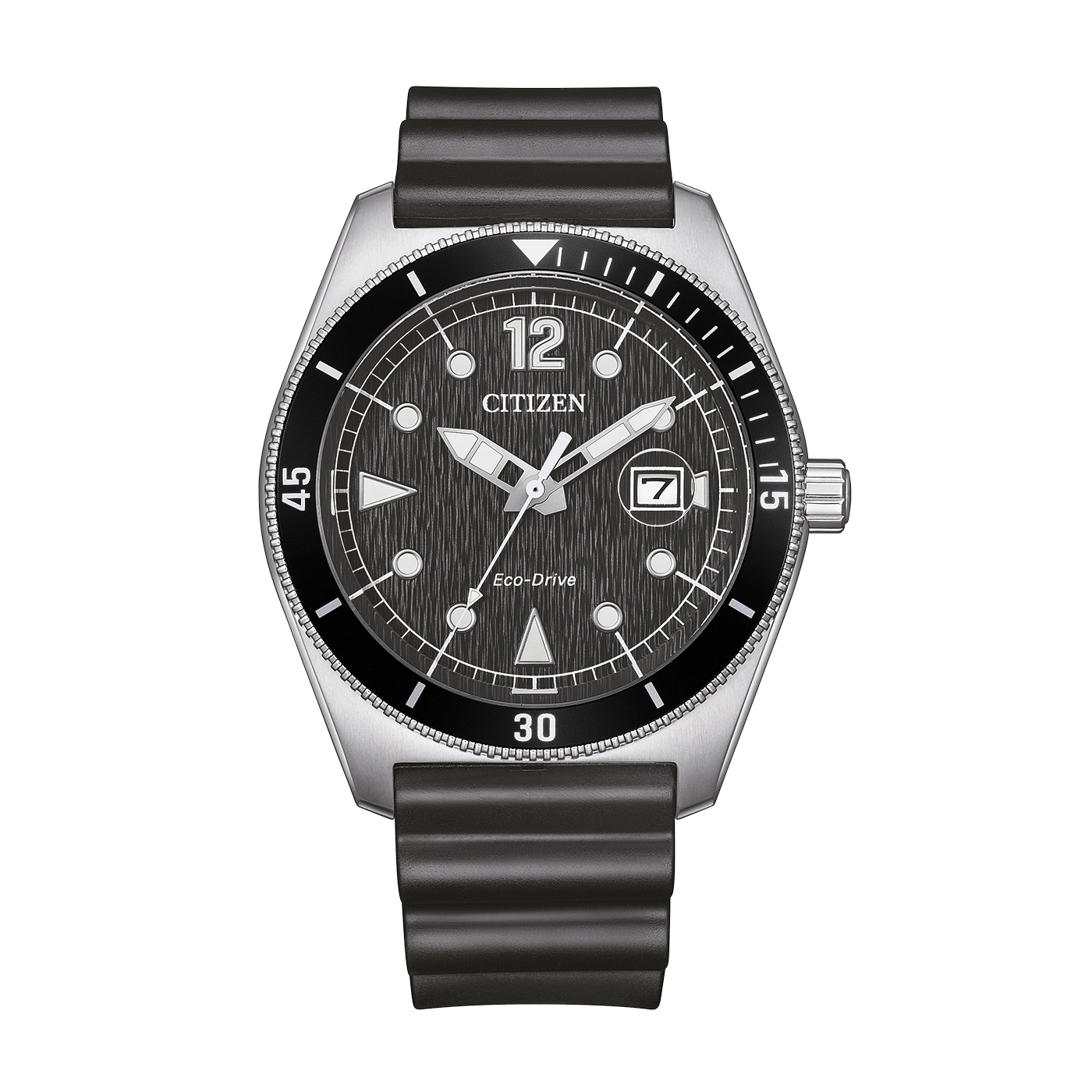 Citizen Eco-Drive -kello, jossa musta kellotaulu ja kumiranneke.
