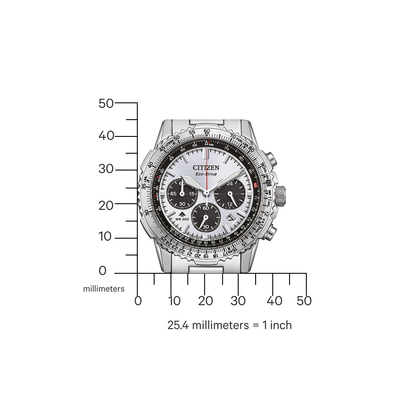 Citizen-kello mitta-asteikolla, Eco-Drive, hopea, mustat yksityiskohdat ja mittamerkinnät.