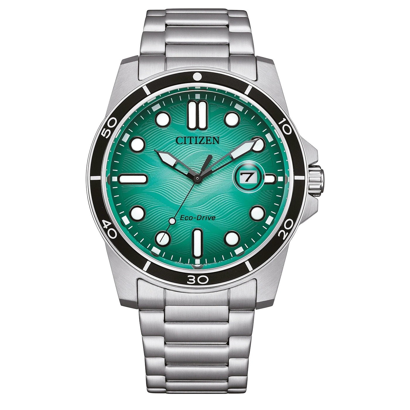 Citizen-kello vihreällä kellotaululla ja hopeisella rannekkeella, Eco-Drive-tekniikka.