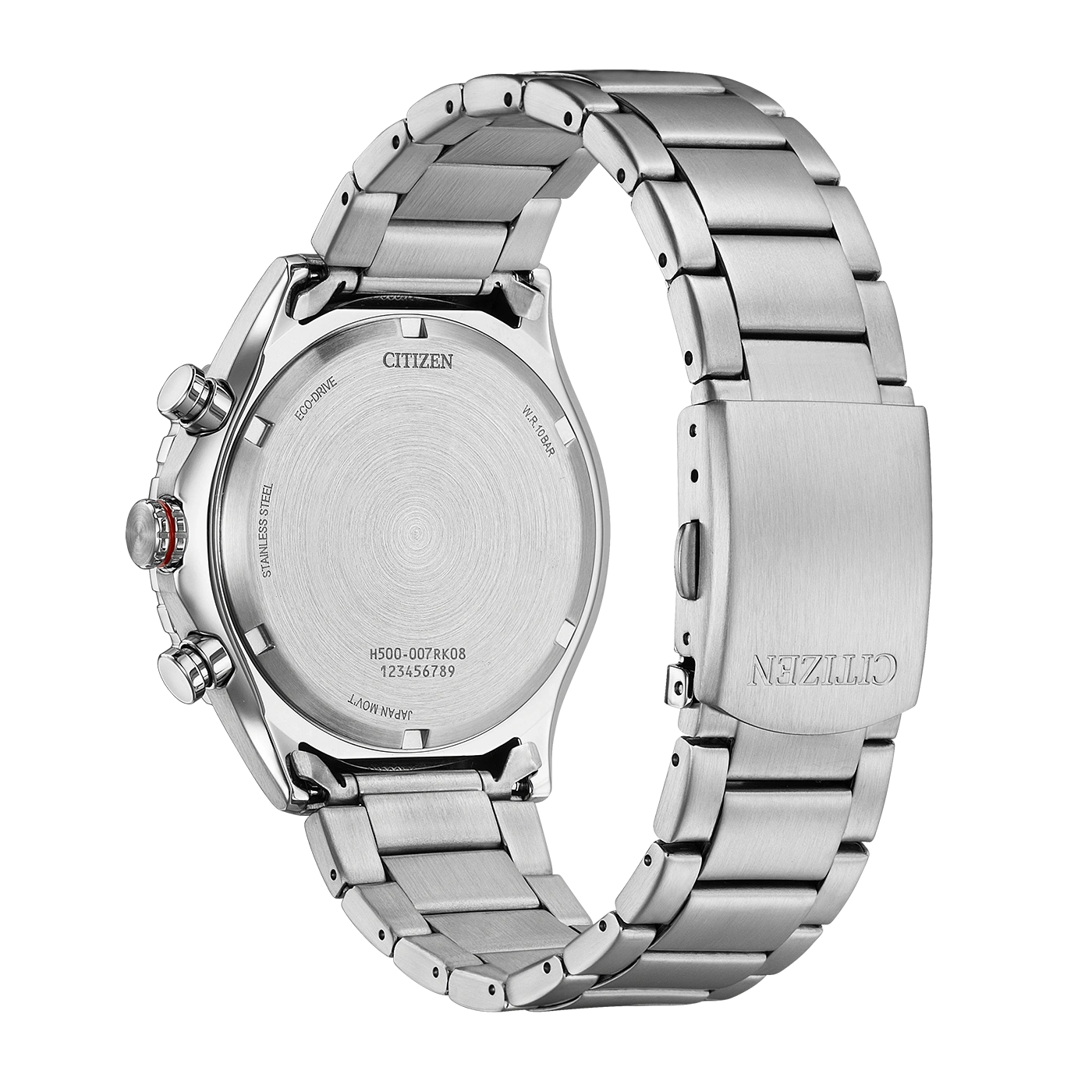 Hopeisen Citizen Eco-Drive -kellon takapuoli metallirannekkeella.