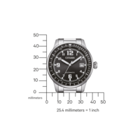 Citizen-kello mustalla kellotaululla, automaattinen ja millimetriasteikko koon vertailuun.