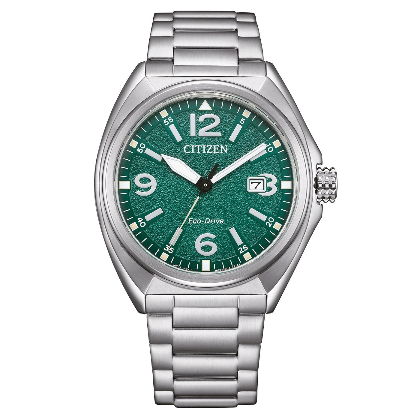 Citizen-kello vihreällä kellotaululla, hopeisella rannekkeella ja Eco-Drive-tekniikalla.