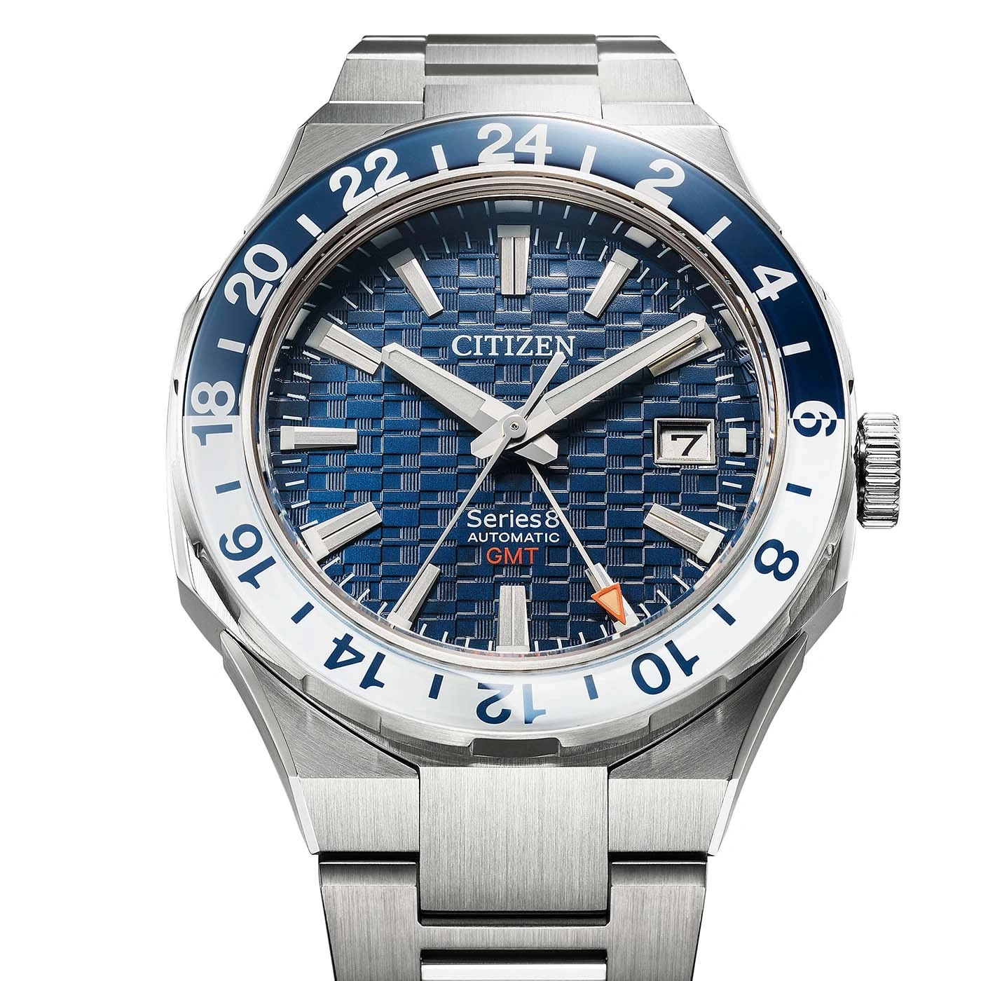 Citizen Series 8 GMT automaattikello, sininen kellotaulu ja teräsranneke