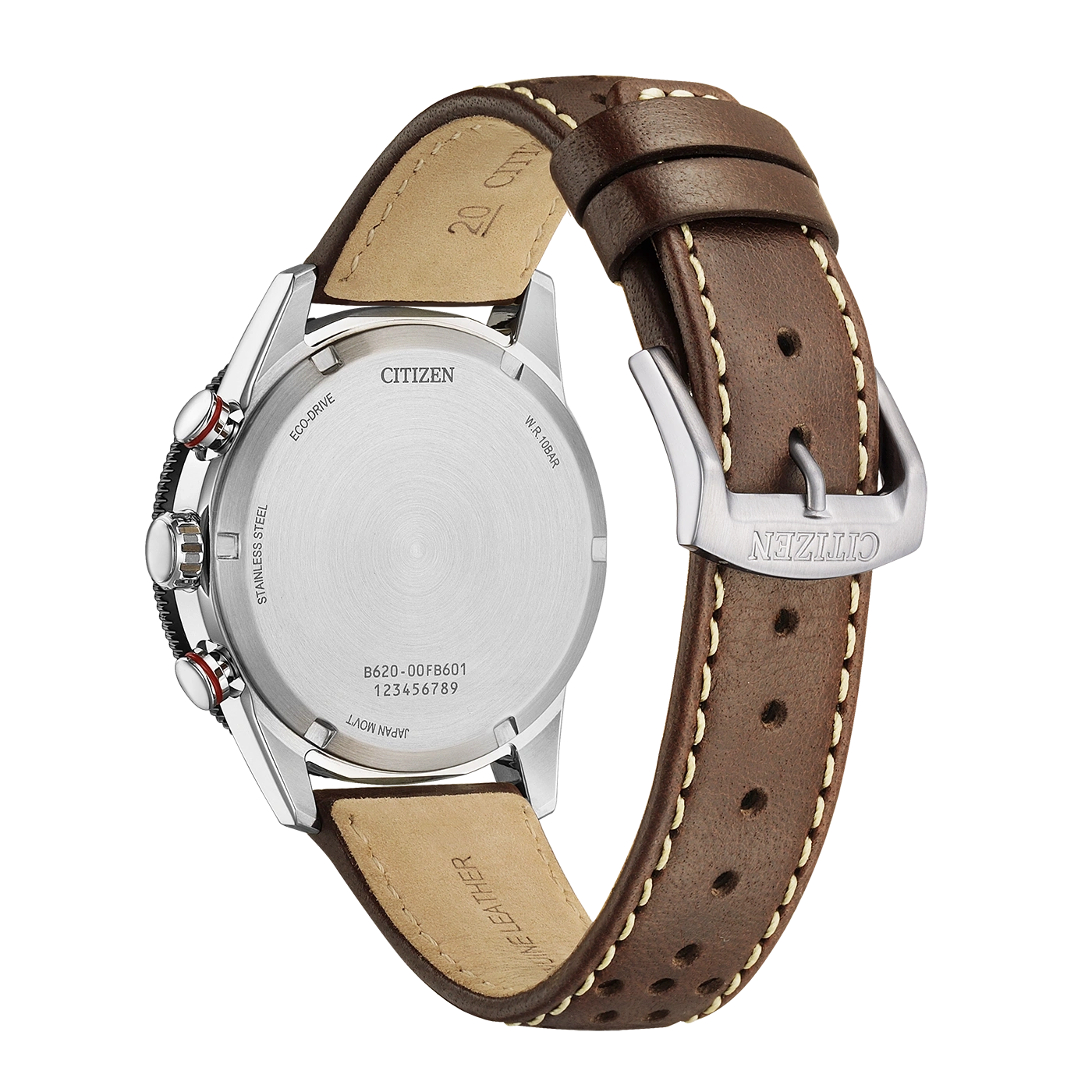 Ruskean nahkaisen Citizen Eco-Drive kellon takaosa