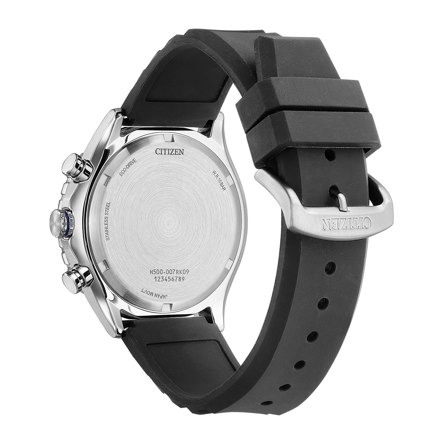 Citizen Eco-Drive -kellon takaosa mustalla kumirannekkeella ja hopeasoljella.