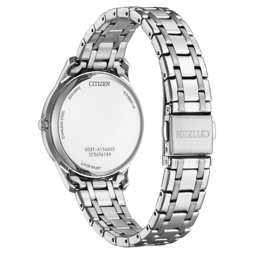 Citizen-kellon takaosa, ruostumaton teräs, Eco-Drive, Japan Mov't, W.R.5BAR-9, mallinumero.