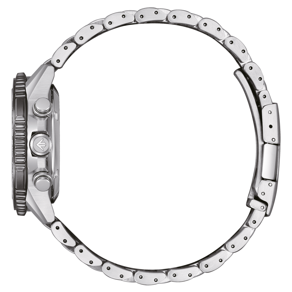 Hopeanvärinen rannekello sivulta, metalliranneke ja musta kellotaulu.