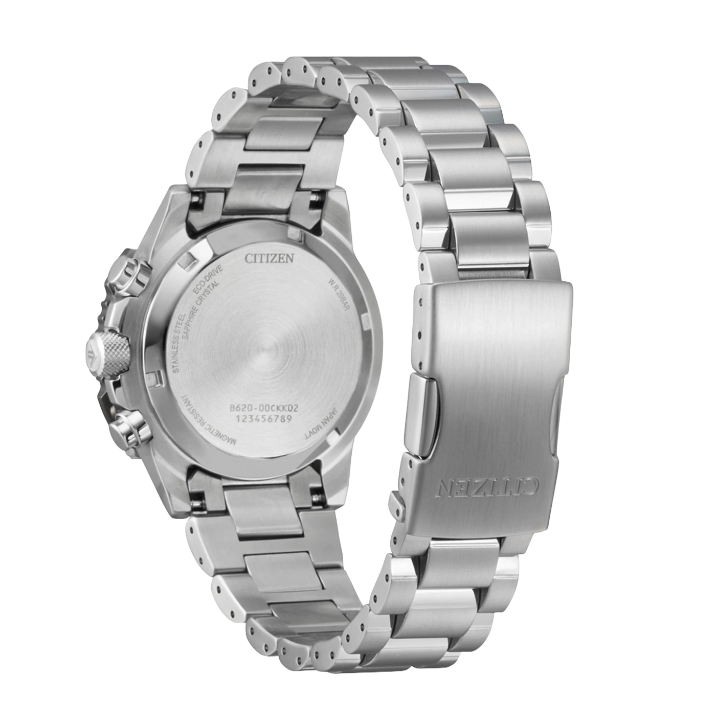 Hopeisen Citizen Eco-Drive -kellon takaosa metallirannekkeella.
