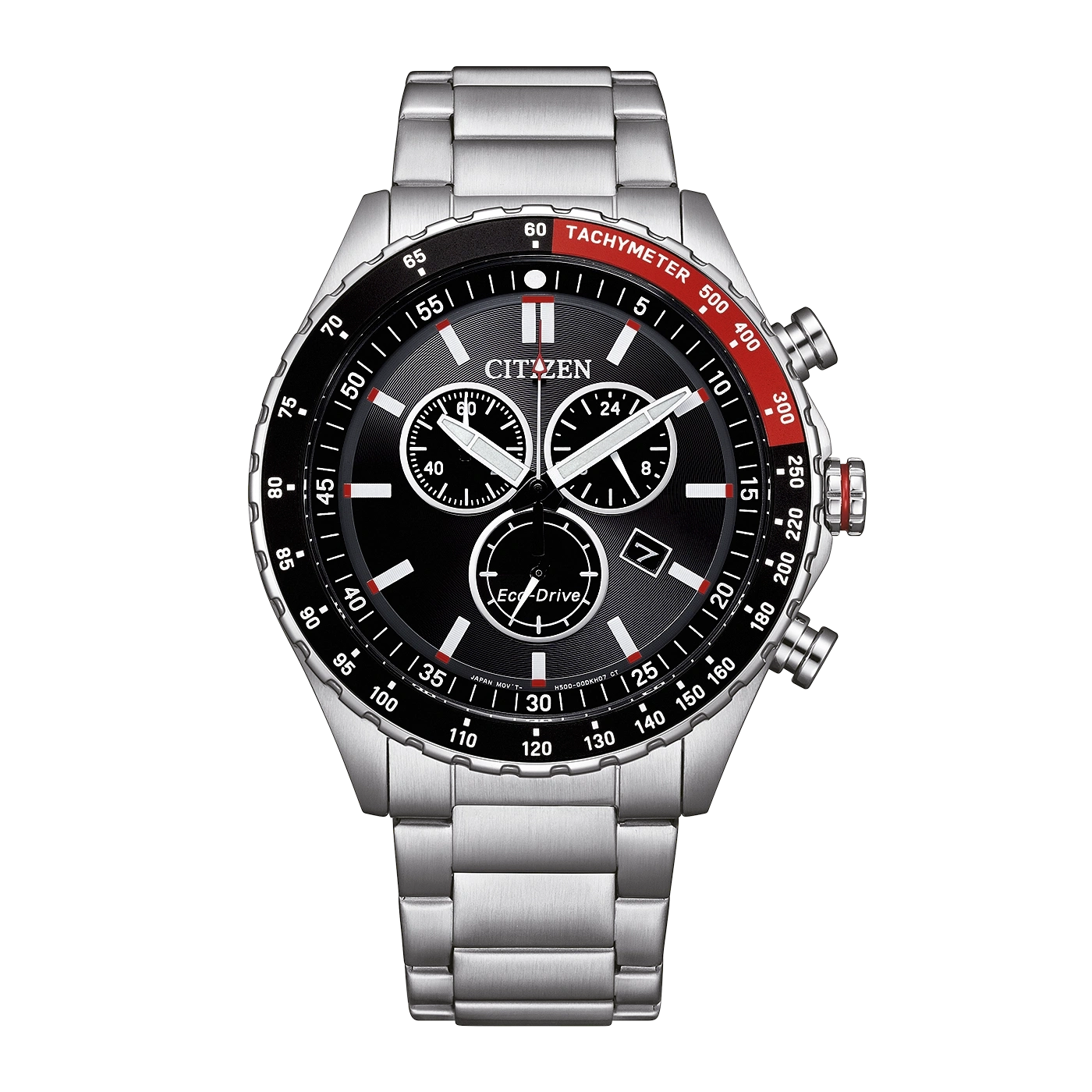 Citizen Eco-Drive kronografikello, jossa musta kellotaulu ja takymetrikehä.