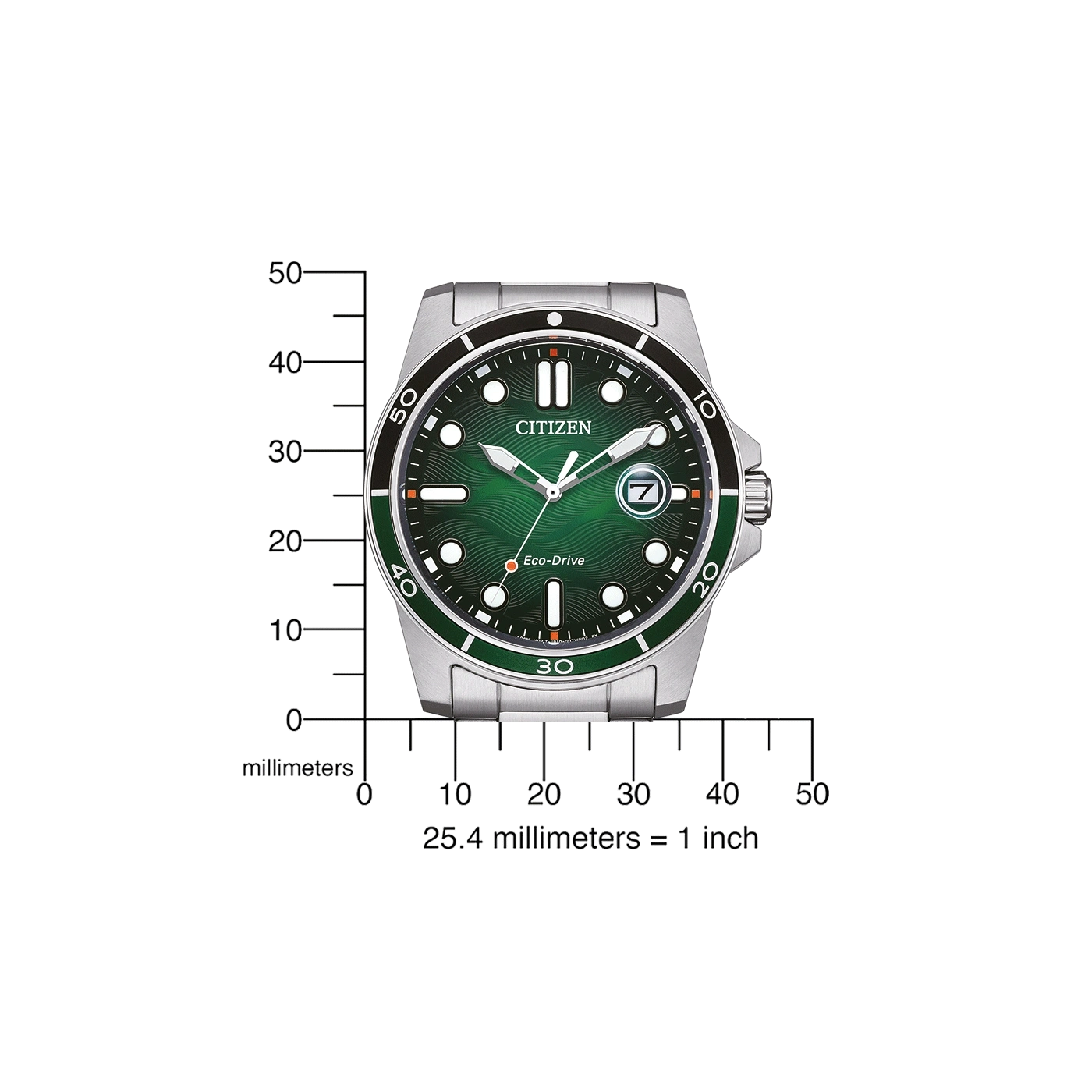 Citizen-kello, jossa vihreä kellotaulu, musta kehys ja hopeinen ranneke. Eco-Drive-tekniikka.