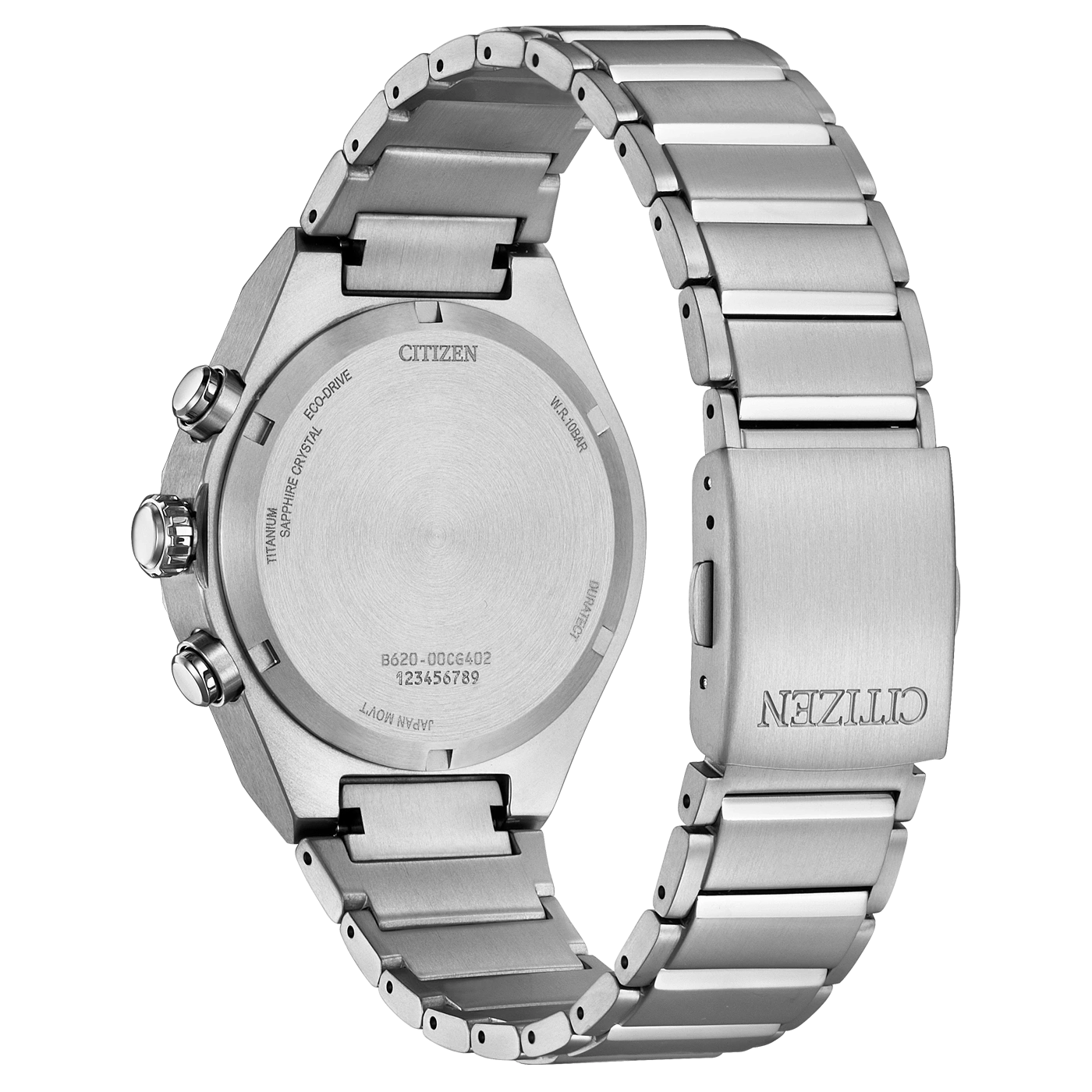 Citizen-kellon takaosa, titaani, safiirikristalli, Eco-Drive, W.R. 10BAR, Japan Movt.