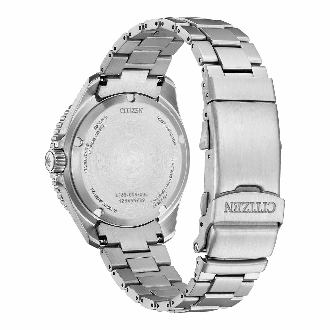 Citizen-kellon takaosa, ruostumaton teräs, Eco-Drive, safiirikristalli, sukeltajankello