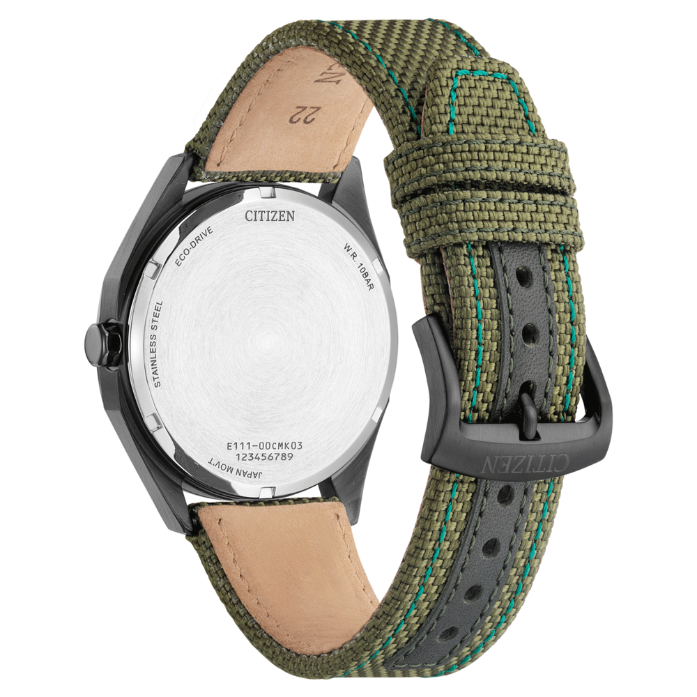 Citizen-kellon takaosa, vihreä ranneke, ruostumaton teräs, eco-drive, W.R. 10BAR, Japan movt.