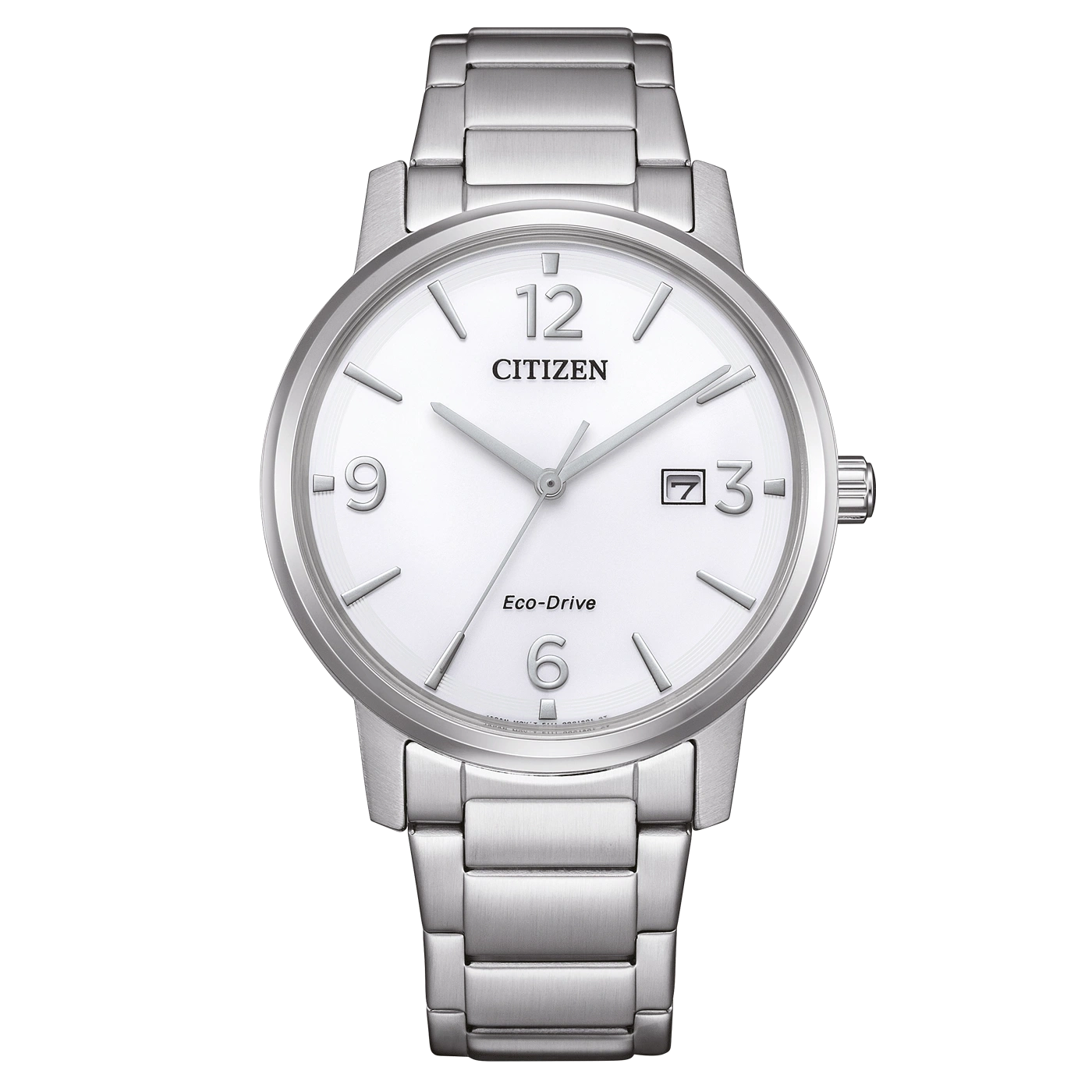 Citizen-kello, jossa valkoinen kellotaulu ja hopeinen ranneke, Eco-Drive-tekniikka.
