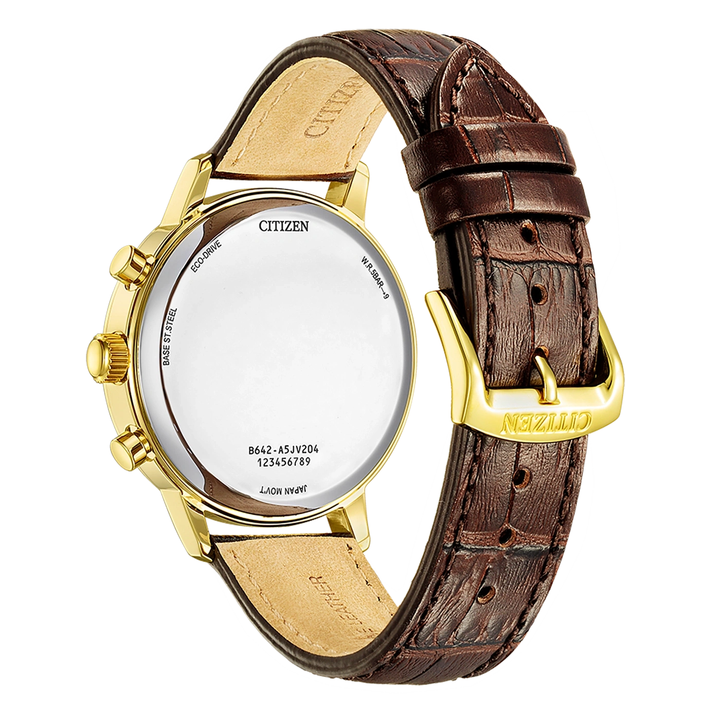 Citizen-kello, kultainen kotelo, ruskea nahkaranneke, takatiedot: Eco-Drive, Japan Movt, W.R.5BAR+9