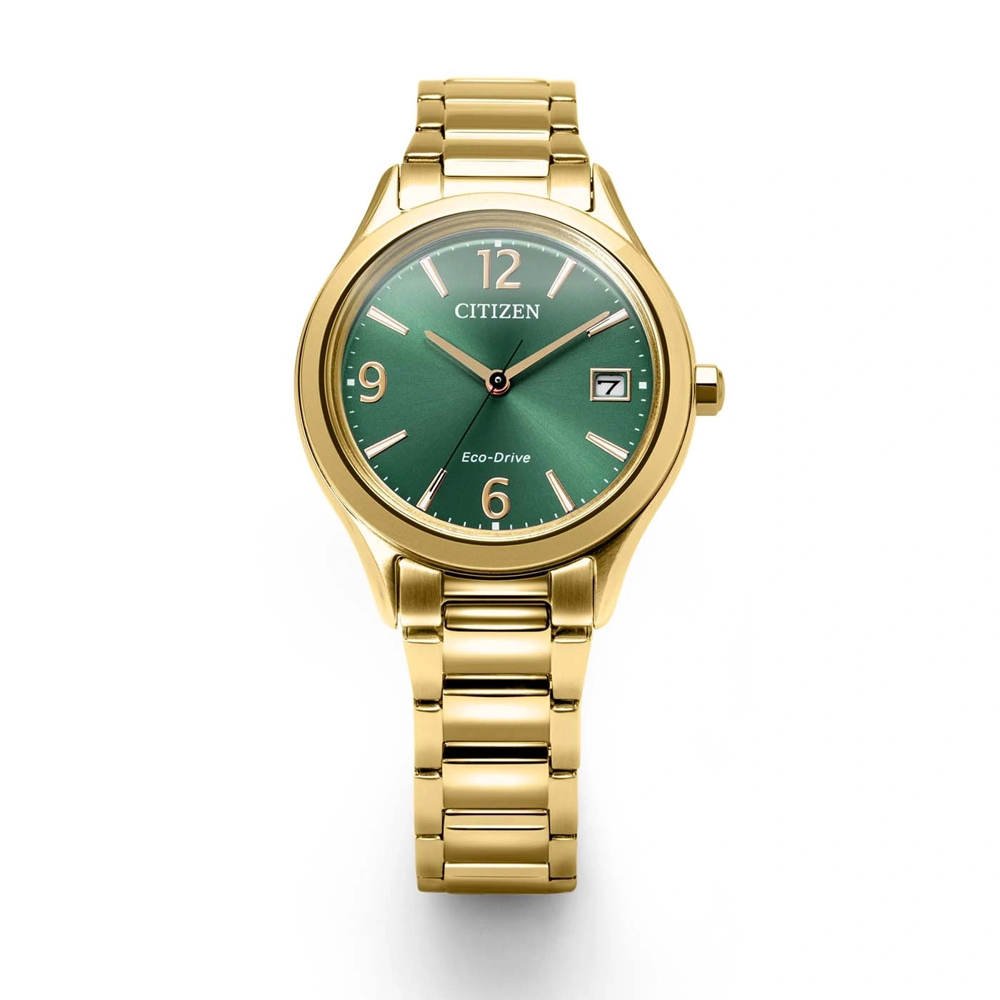 Vihreätauluinen Citizen Eco-Drive -rannekello kullansävyisenä.