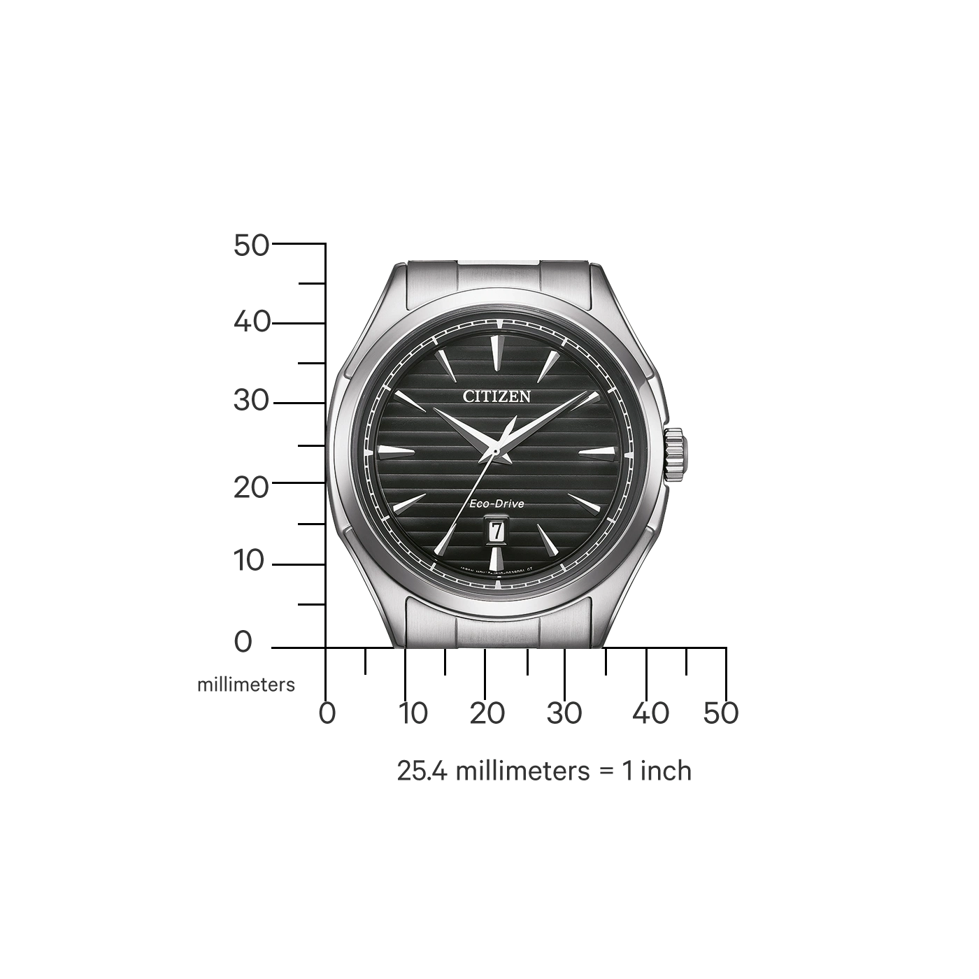 Citizen-kello mustalla kellotaululla, Eco-Drive ja päivämääränäytöllä. Hopeinen ranneke.