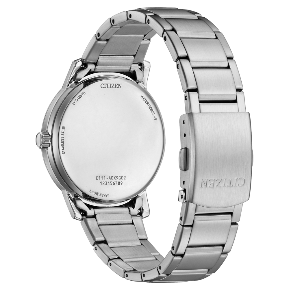 Citizen-kellon takaosa, ruostumaton teräs, Eco-Drive, vesitiivis, Japanin koneisto, mallinumero.