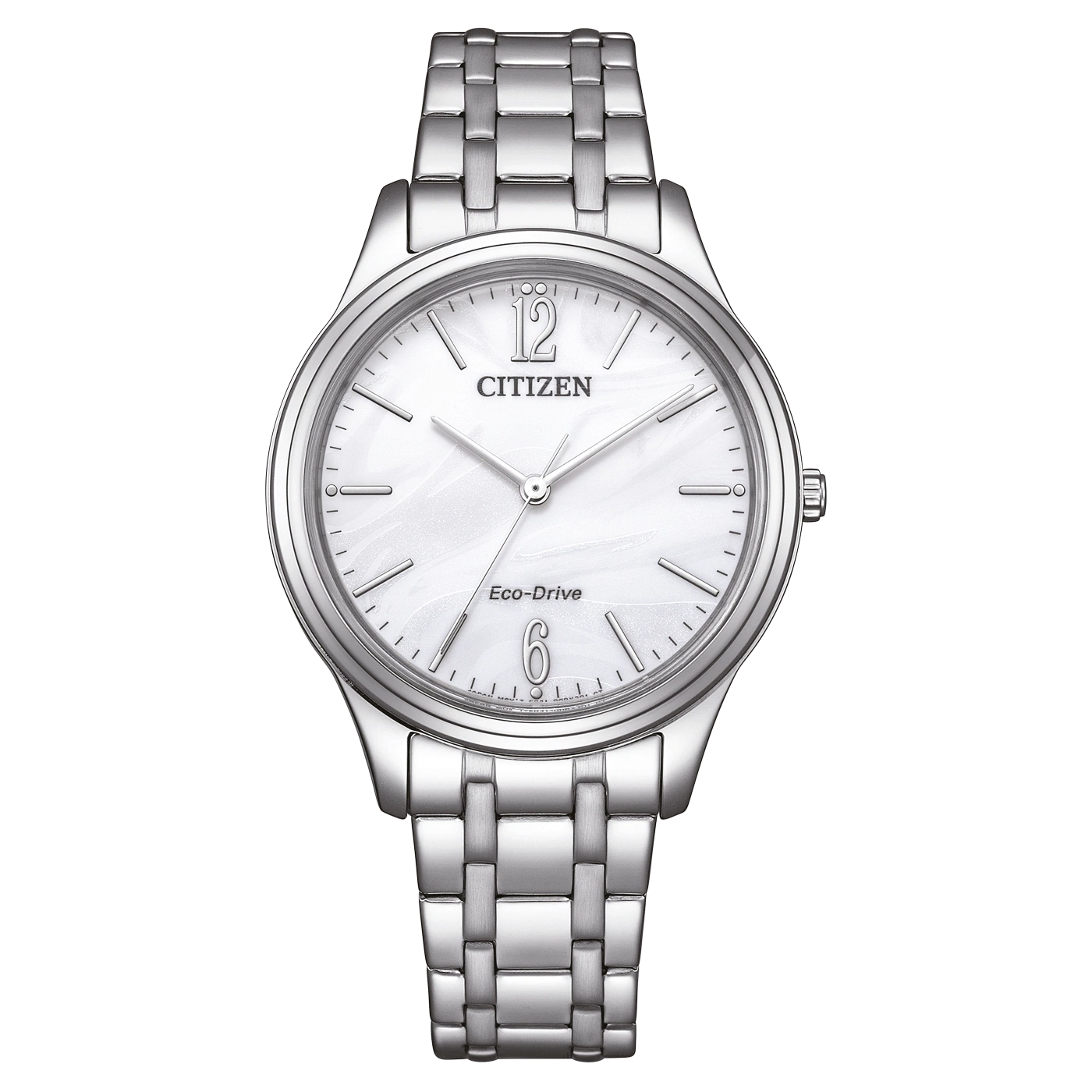 Citizen-kello, jossa valkoinen kellotaulu ja hopeinen ranneke, Eco-Drive-tekniikka.