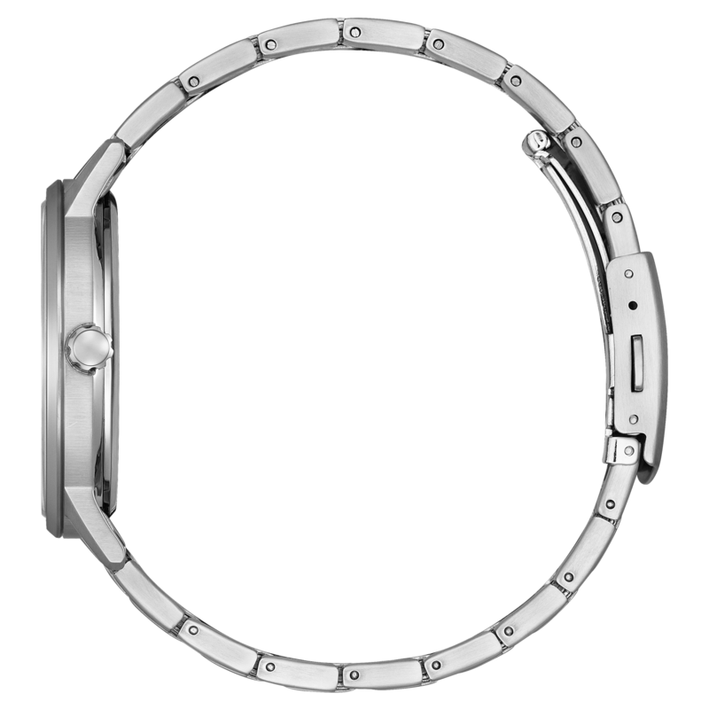 Hopeinen kello metallirannekkeella, sivukuva, eristetty valkoisella pohjalla.