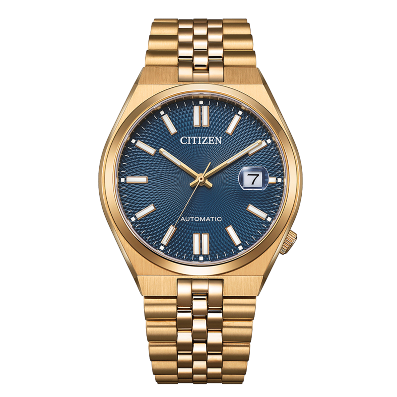 Kultainen Citizen-kello, jossa sininen kellotaulu ja päivämääränäyttö, automaattinen liike.