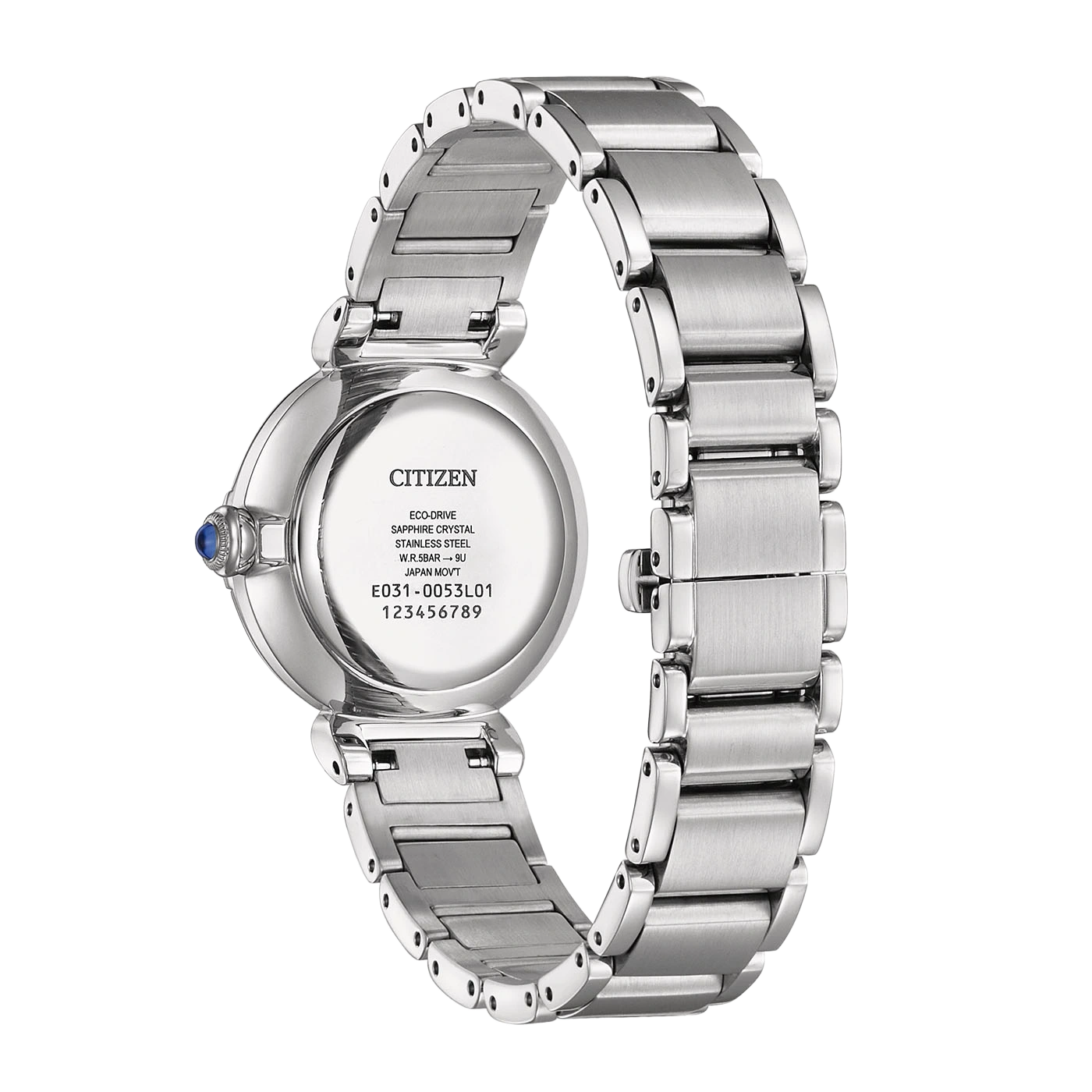 Hopeisen Citizen Eco-Drive-kellon takaosa, jossa on sininen jalokivi sivulla.