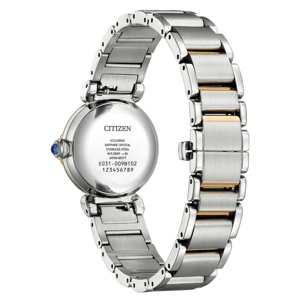 Citizen-kellon takaosa, ruostumaton teräs, safiiri, eco-drive, Japanin liike.