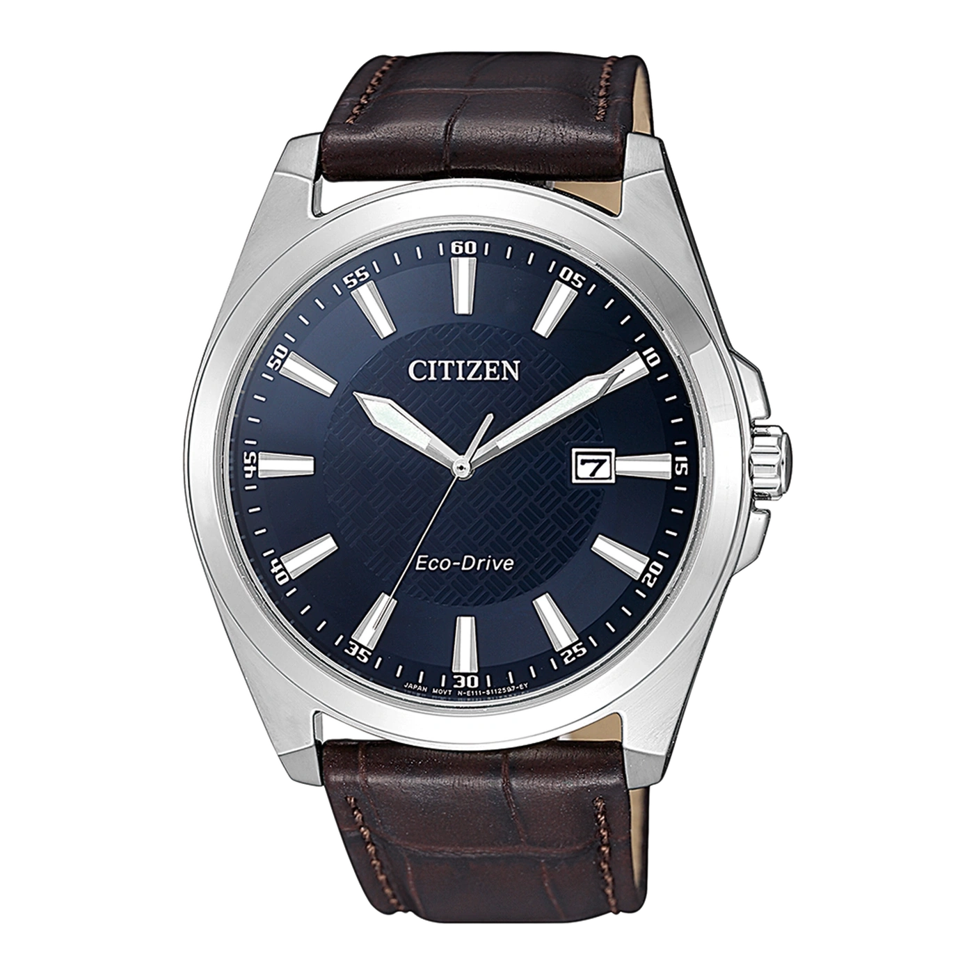 Citizen-kello, jossa sininen kellotaulu ja ruskea nahkaranneke, Eco-Drive.