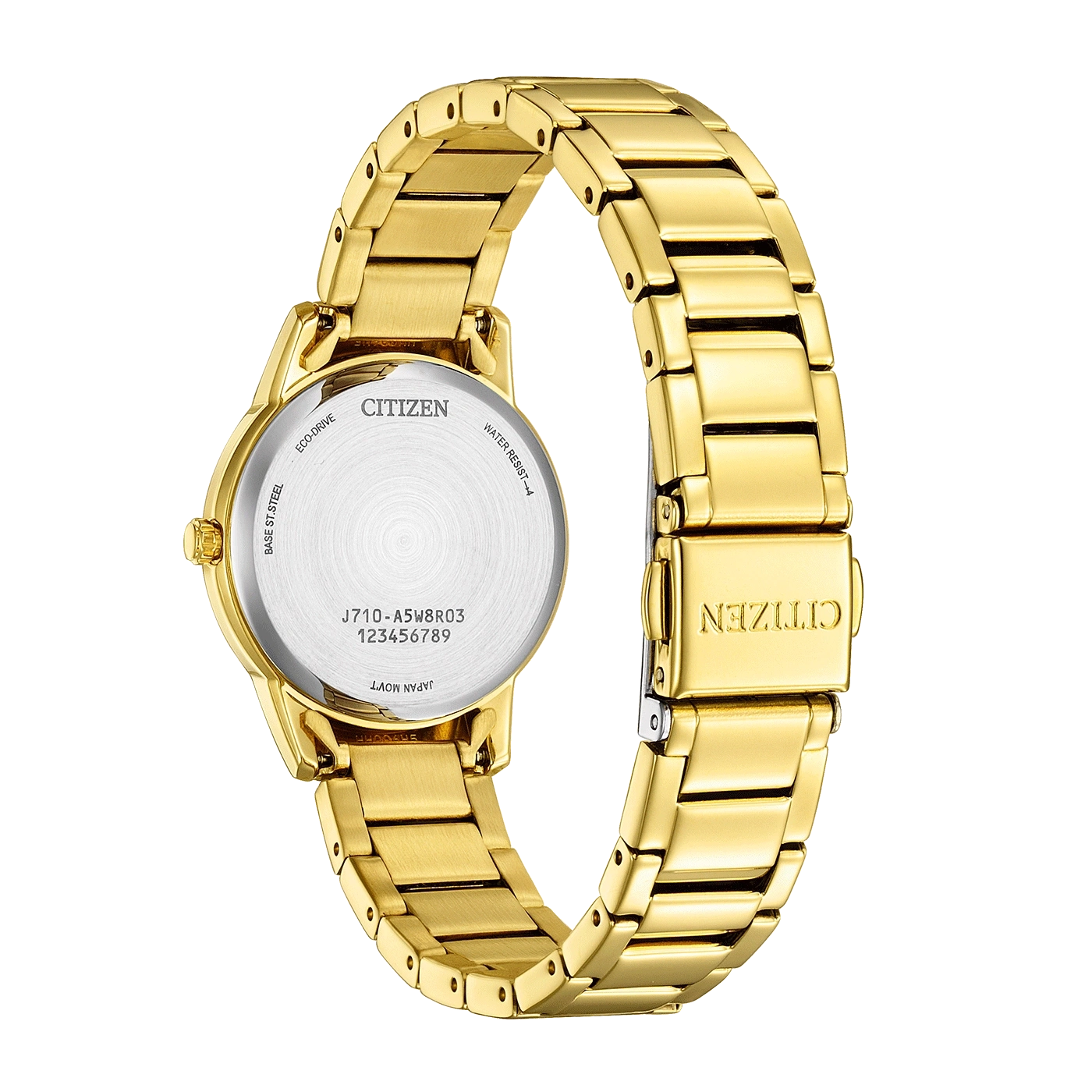 Citizen-kello, kultainen, takanäkymä, Eco-Drive, vesitiivis, Japanin koneisto.