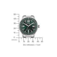 Citizen-kello vihreällä kellotaululla, automaattinen, ja millimetriasteikko vertailua varten.