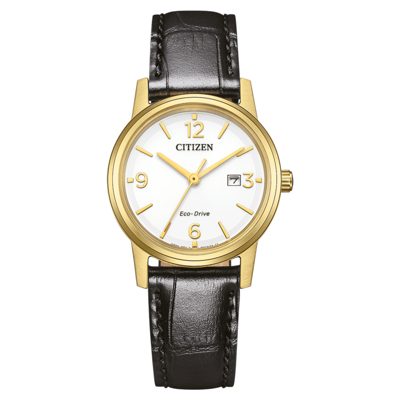 Citizen-kello, jossa on kultainen kotelo, valkoinen kellotaulu ja musta nahkaranneke