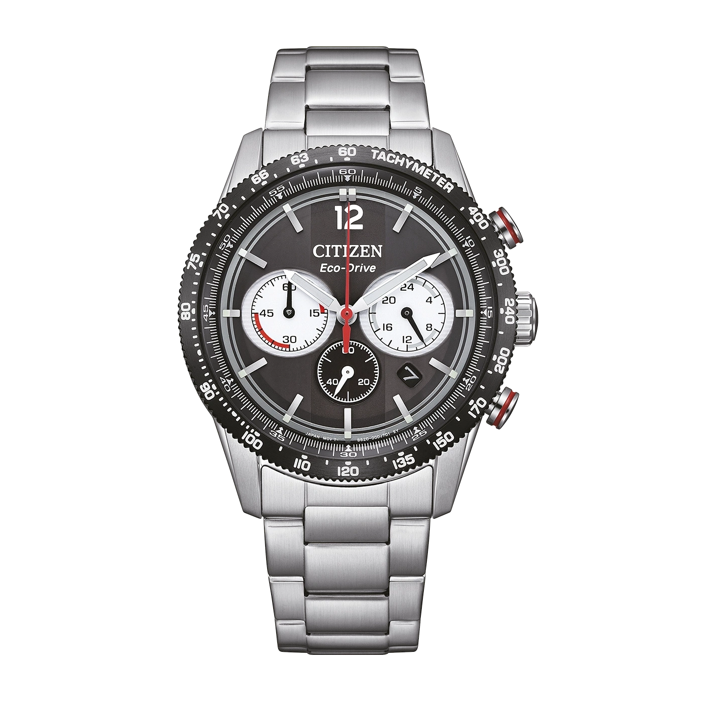 Citizen Eco-Drive kronografikello tummalla kellotaululla ja teräksisellä rannekkeella.