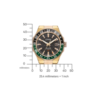 Citizen-kello, jossa on kultainen kotelo, musta ja vihreä kehys ja musta kellotaulu.