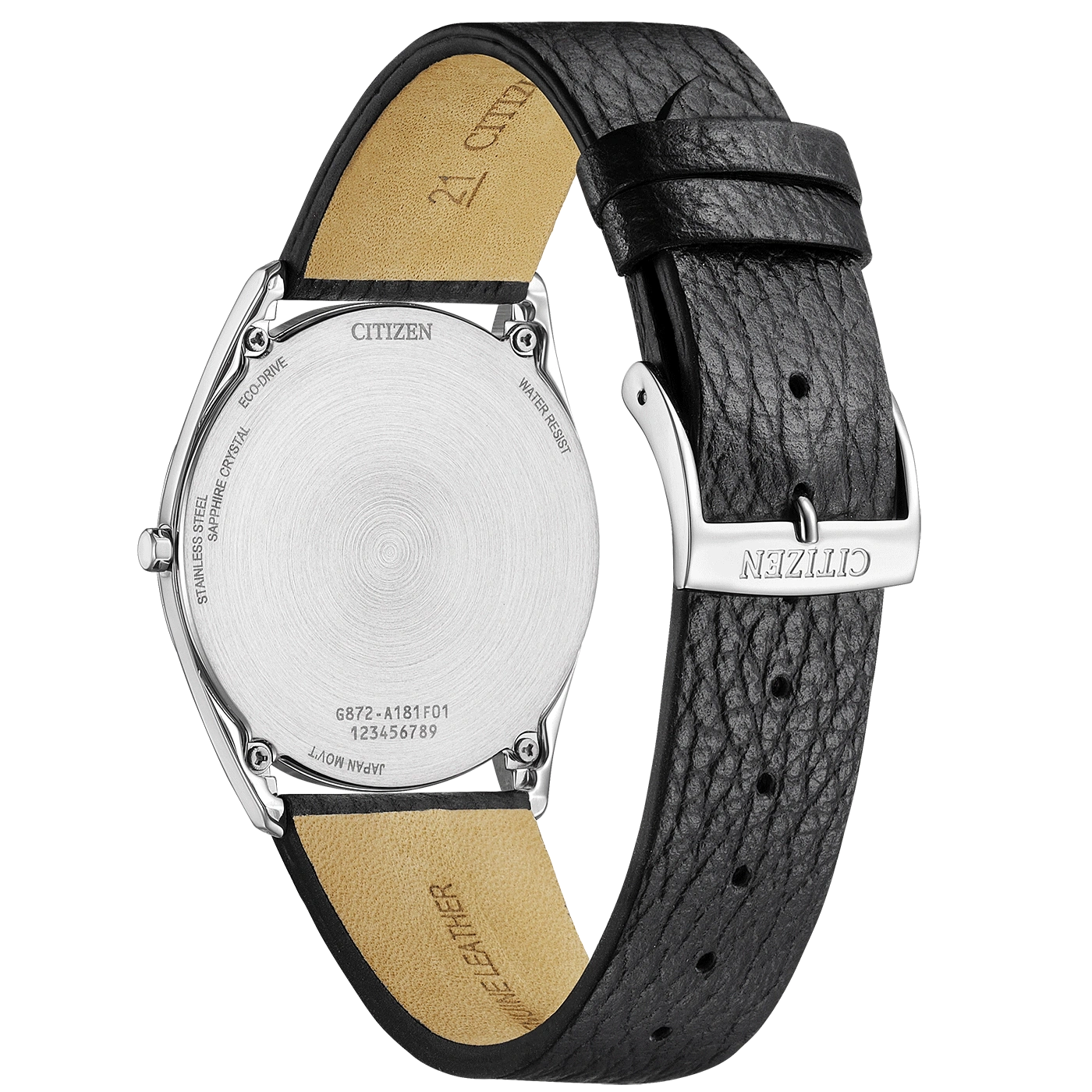Citizen-kellon takaosa nahkahihnalla, ruostumaton teräs, safiirikristalli, eco-drive
