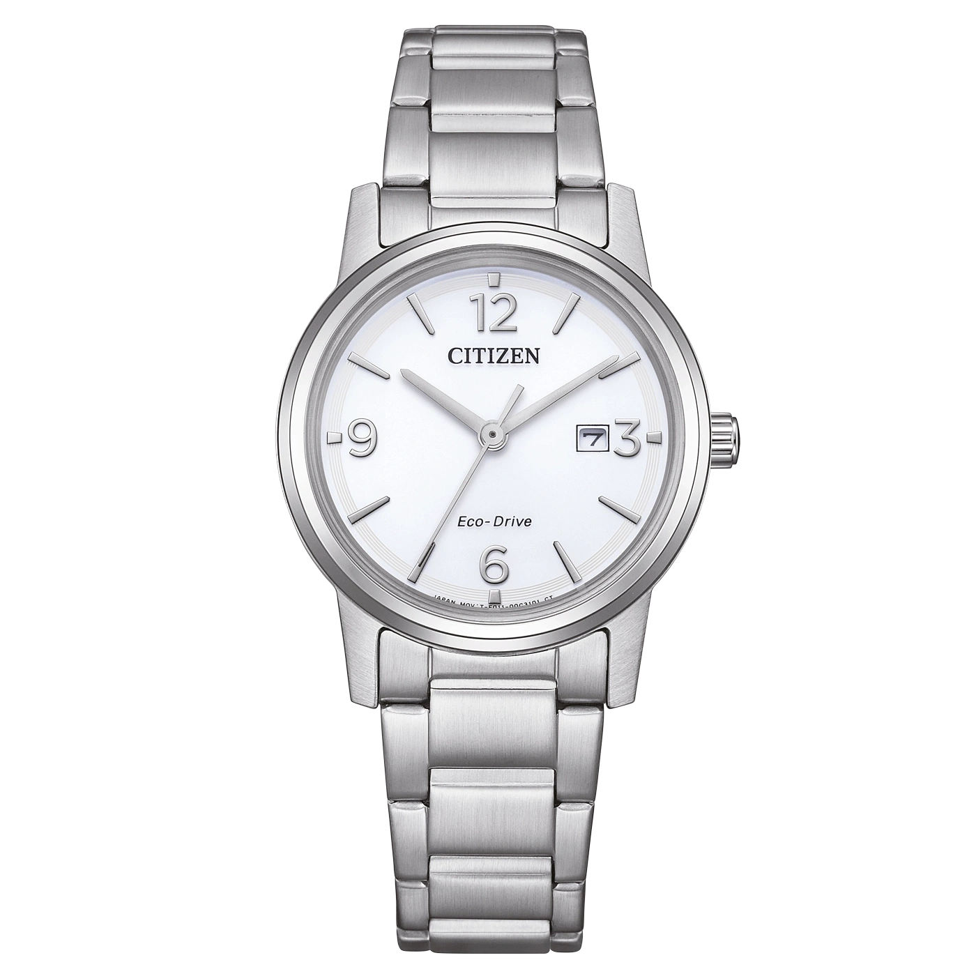 Citizen-kello, jossa valkoinen kellotaulu ja hopeinen ranneke, Eco-Drive-tekniikka.