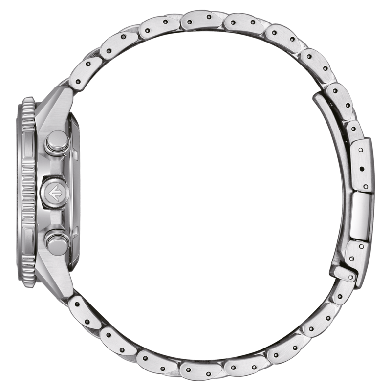 Hopeinen rannekello metallirannekkeella sivusta, lähikuva.