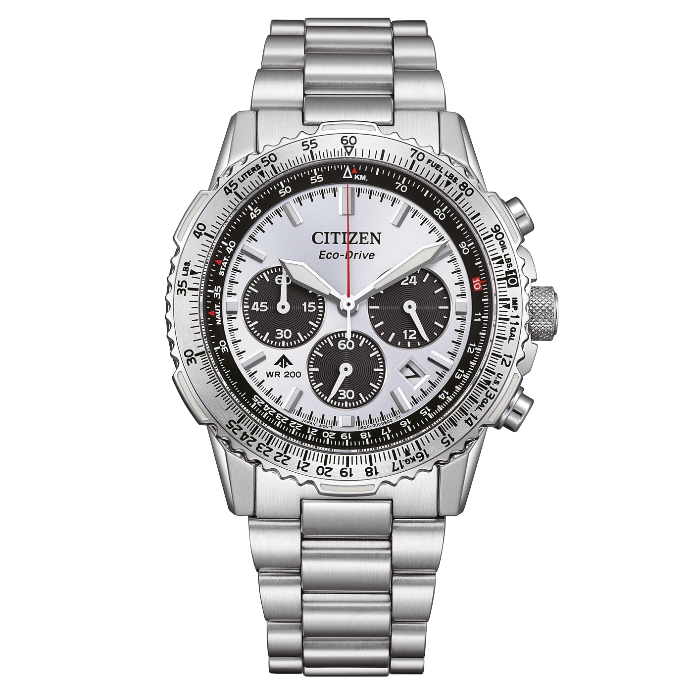 Hopeinen Citizen Eco-Drive -kello, jossa on useita kellotauluja ja ruostumattomasta teräksestä valmistettu ranneke.