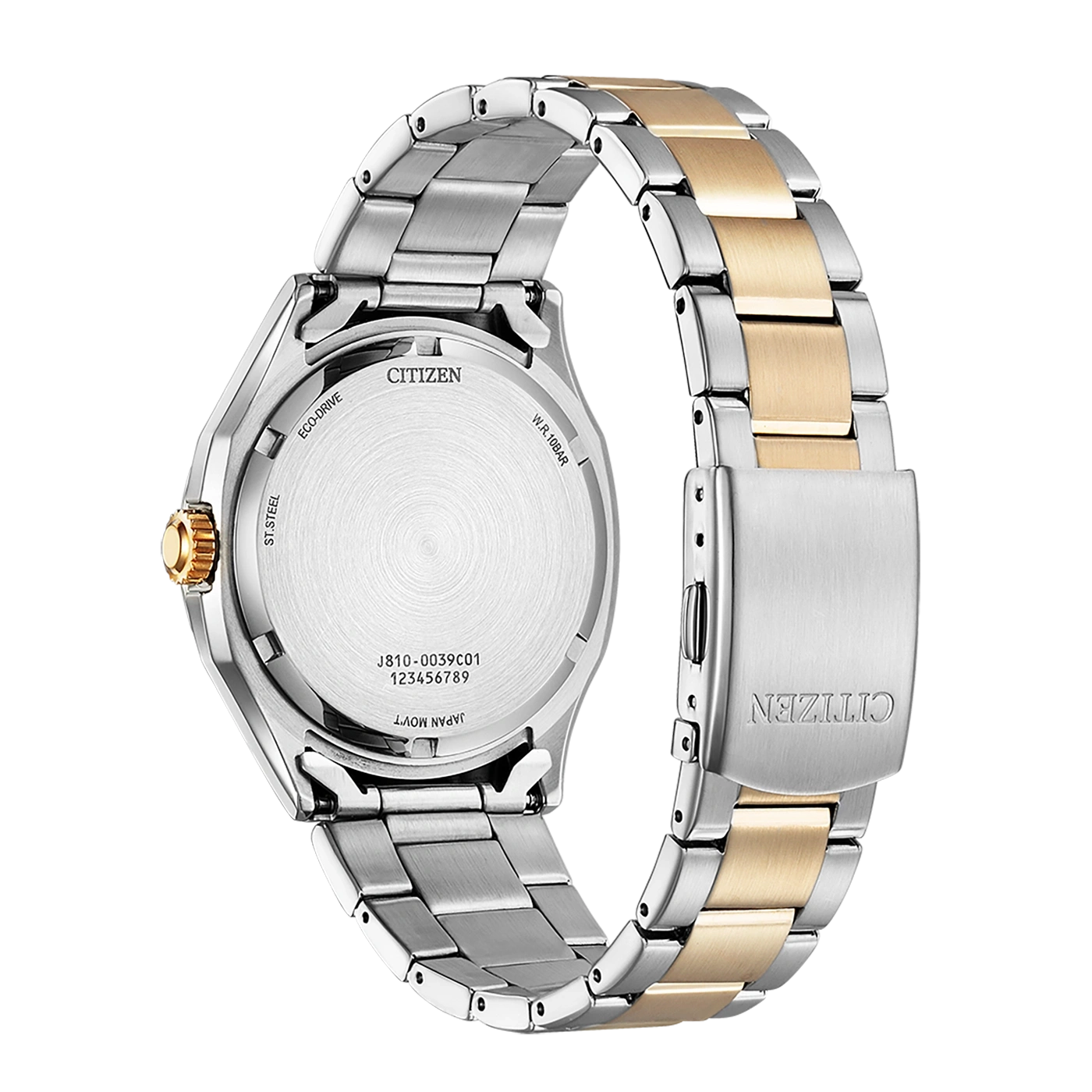 Citizen-kellon takaosa, hopea ja kulta, Eco-Drive, ruostumaton teräs, Japanin koneisto
