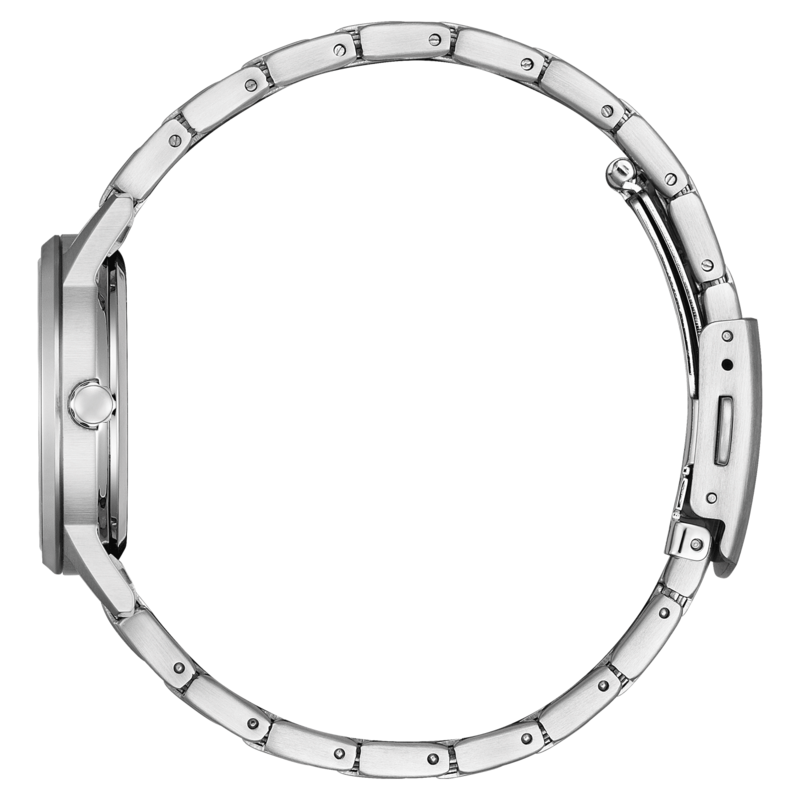 Hopeinen rannekello metallirannekkeella sivusta, tyylikäs muotoilu.