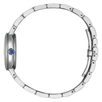 Hopeinen kello sinisellä jalokivellä, sivukuva, vihreällä taustalla