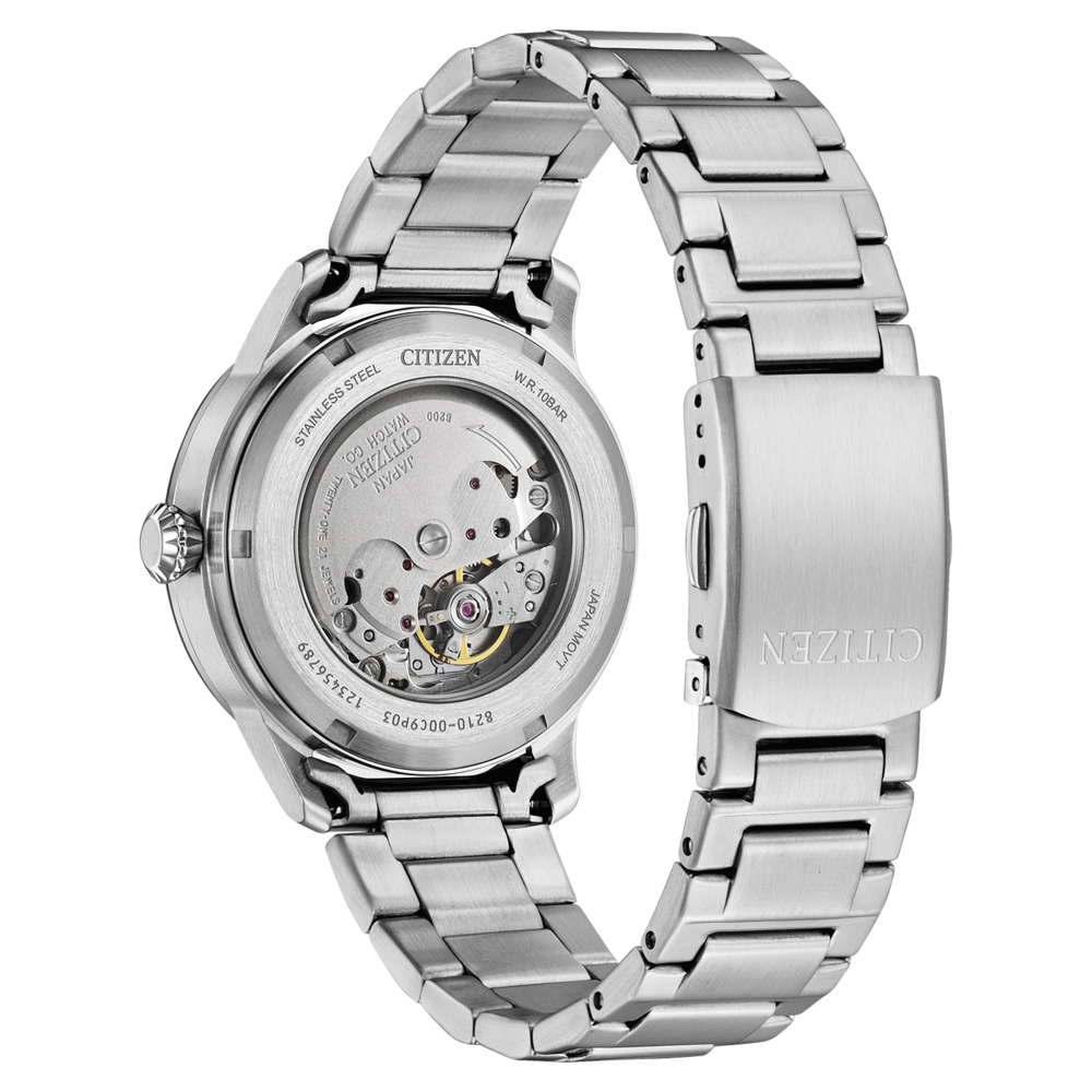 Citizen-kellon takaosa, ruostumaton teräs, automaattinen liike, japanilainen, näkyvä mekanismi