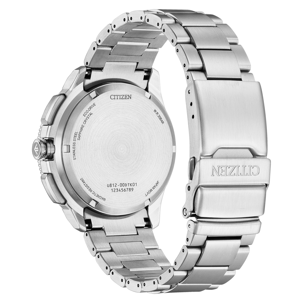 Harjatun ruostumattoman teräksen Citizen Eco-Drive -kellon takapuoli.