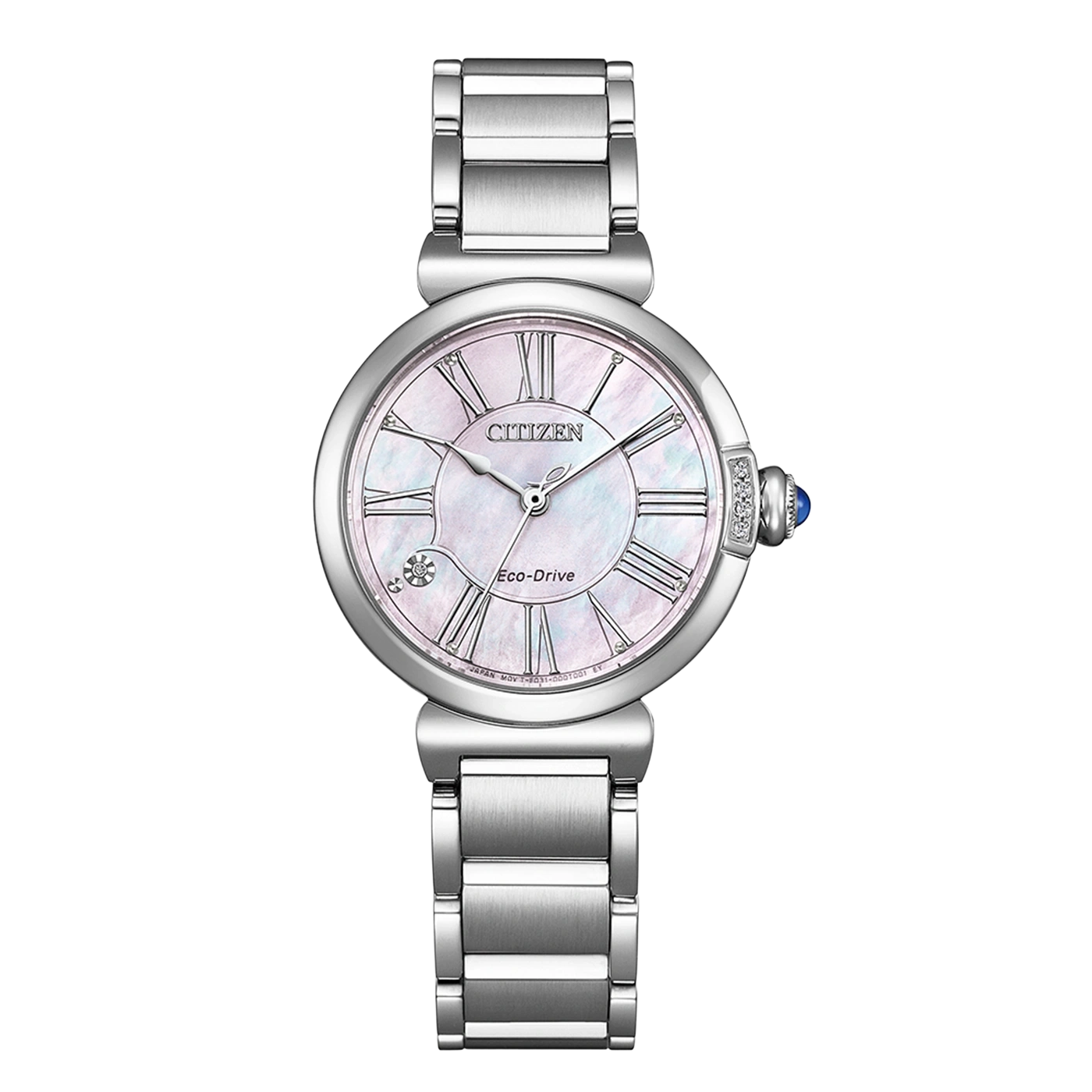Hopeinen Citizen Eco-Drive -kello, jossa helmiäistaulu ja roomalaiset numerot.