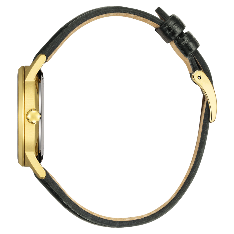 Kultainen kello mustalla nahkahihnalla, sivukuva, tyylikäs muotoilu, ylellinen asuste