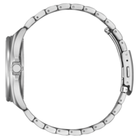 Hopeinen rannekello metallirannekkeella sivusta, tyylikäs muotoilu.