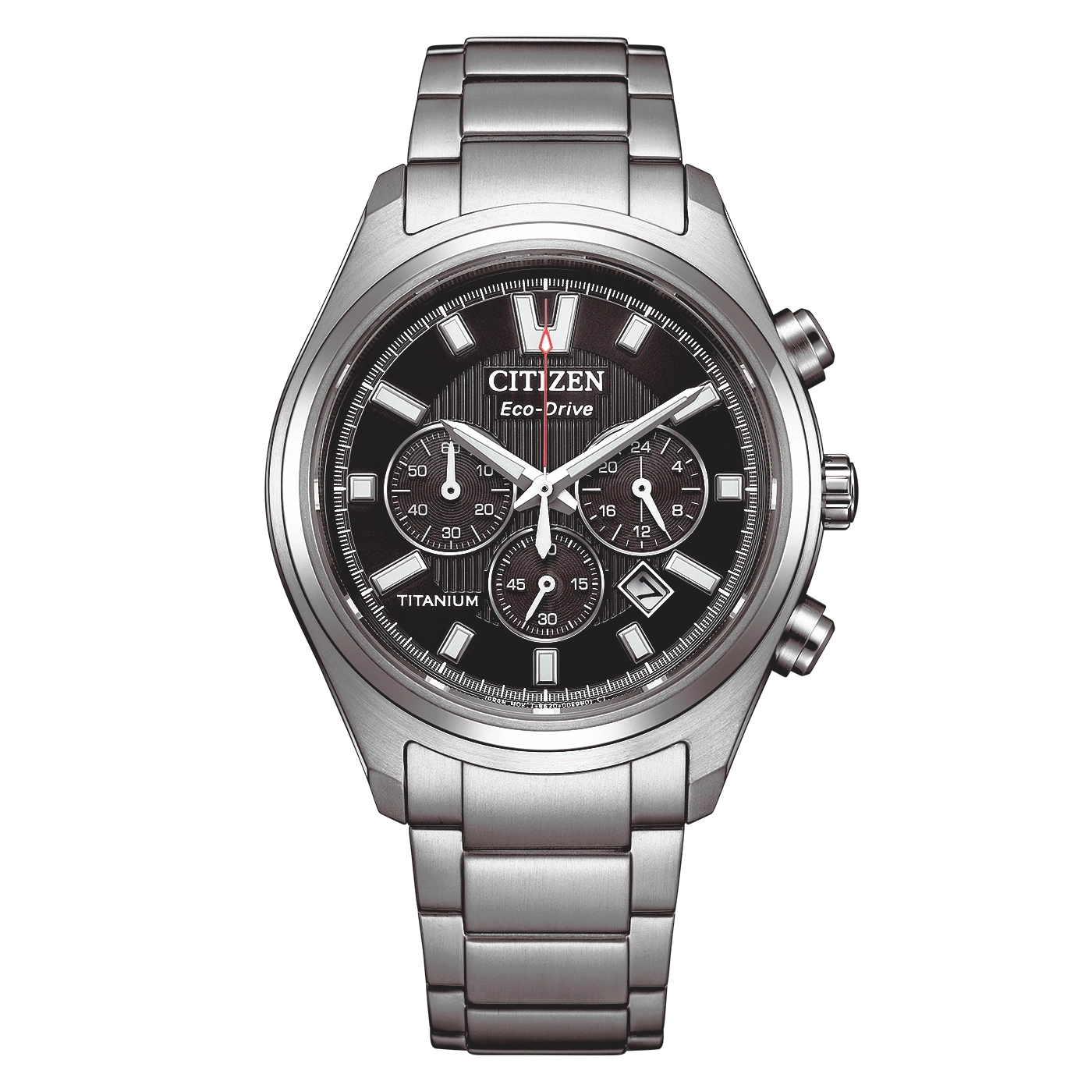 Titaaninen Citizen Eco-Drive kronografikello mustalla kellotaululla.