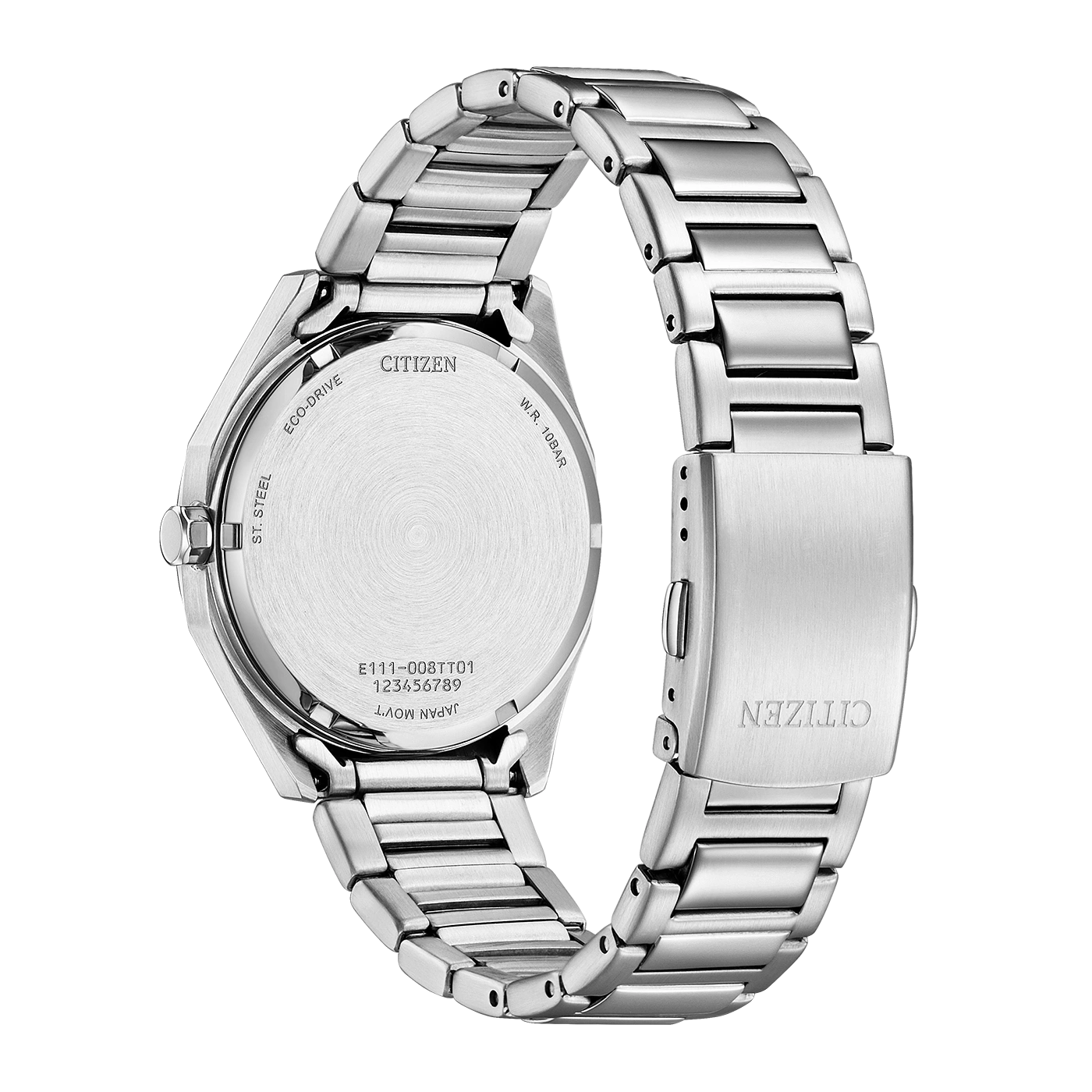 Citizen-kellon takaosa, ruostumaton teräs, Eco-Drive, W.R. 10BAR, Japan Movt.