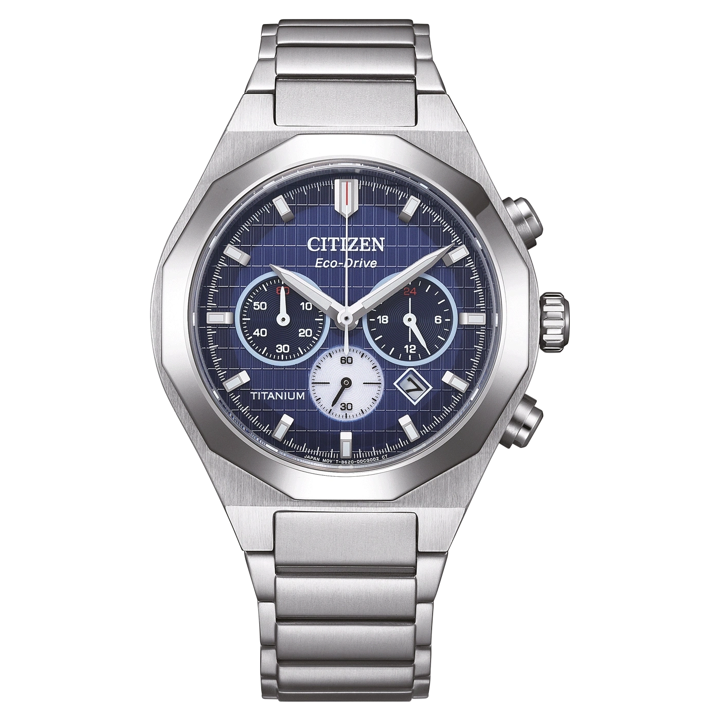 Citizen Eco-Drive kello, sininen kellotaulu, titaani, kronografi, tyylikäs muotoilu, moderni, elegantti.